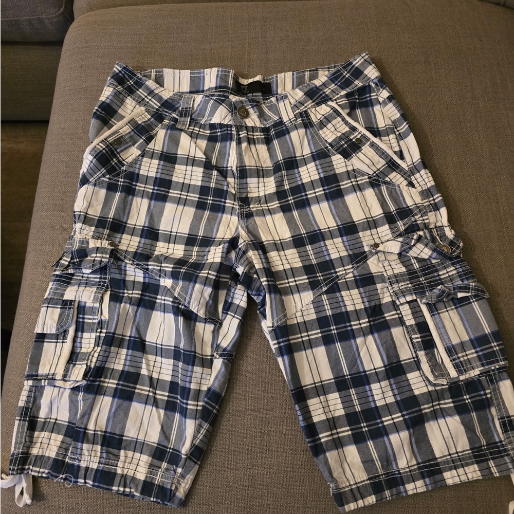 Navy and White Plaid Cargo Shorts